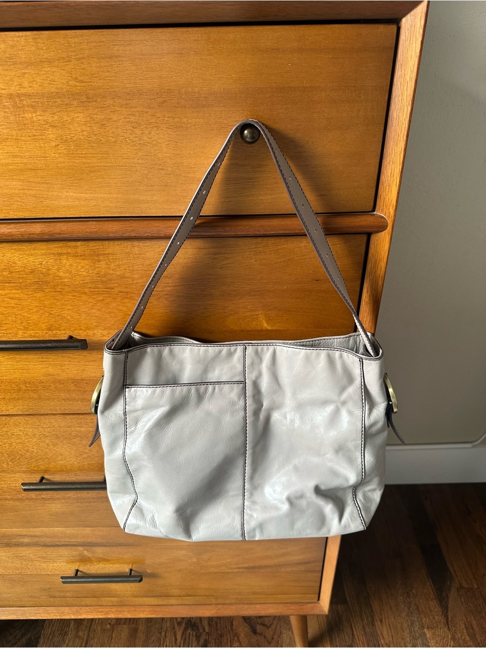 HOBO Leather Shoulder Bag Gray Taupe Floral Lining Brass Hardware